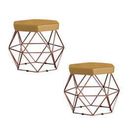 Kit 2 Puff Decorativo Base Bronze Elsa Suede Mostarda G41 - Gran Belo