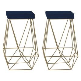Kit 2 Banqueta Decorativa Kathy Base Gold Veludo Azul G41 - Gran Belo