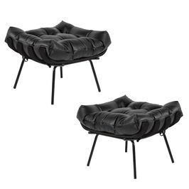 Kit 2 Puff Decorativo Sala de Estar Costela Base Preta Couro Preto G34 - Gran Belo