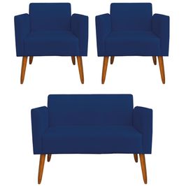 Conjunto Namoradeira e 2 Poltronas Decorativas Isabella Pés Palito Madeira Suede Azul Marinho G19 - Gran Belo