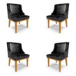 Kit 4 Cadeiras Decorativas Sala de Jantar Base Fixa de Madeira Firenze PU Preto Brilho/Castanho G19 - Gran Belo
