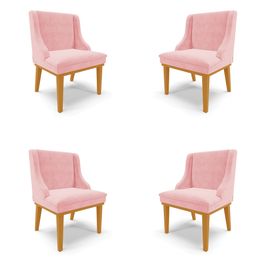 Kit 4 Cadeiras Decorativas Sala de Jantar Base Fixa de Madeira Firenze Suede Rosa Bebê/Castanho G19 - Gran Belo