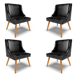 Kit 4 Cadeiras Decorativas Sala de Jantar Pés Palito de Madeira Firenze PU Preto Brilho/Natural G19 - Gran Belo