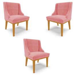 Kit 3 Cadeiras Decorativas Sala de Jantar Base Fixa de Madeira Firenze Suede Rose/Castanho G19 - Gran Belo