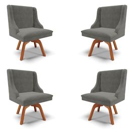 Kit 4 Cadeiras Decorativas Sala de Jantar Base Giratória de Madeira Firenze Suede Grafite/Natural G19 - Gran Belo