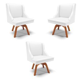 Kit 3 Cadeiras Decorativas Sala de Jantar Base Giratória de Madeira Firenze PU Branco Fosco/Natural G19 - Gran Belo