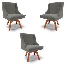 Kit 3 Cadeiras Decorativas Sala de Jantar Base Giratória de Madeira Firenze Suede Grafite/Natural G19 - Gran Belo