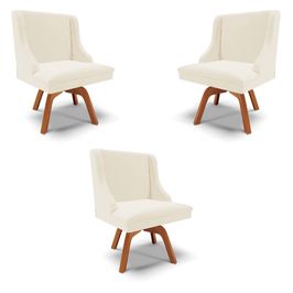 Kit 3 Cadeiras Decorativas Sala de Jantar Base Giratória de Madeira Firenze Veludo Bege/Natural G19 - Gran Belo