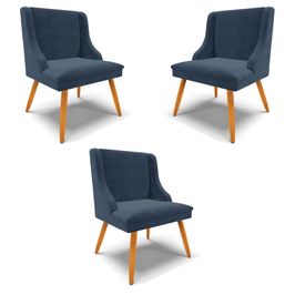 Kit 3 Cadeiras Decorativas Sala de Jantar Pés Palito de Madeira Firenze Suede Azul Marinho/Natural G19 - Gran Belo