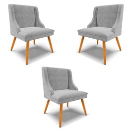 Kit 3 Cadeiras Decorativas Sala de Jantar Pés Palito de Madeira Firenze Suede Cinza/Natural G19 - Gran Belo