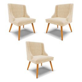 Kit 3 Cadeiras Decorativas Sala de Jantar Pés Palito de Madeira Firenze Suede Bege/Natural G19 - Gran Belo