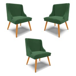 Kit 3 Cadeiras Decorativas Sala de Jantar Pés Palito de Madeira Firenze Veludo Verde/Natural G19 - Gran Belo