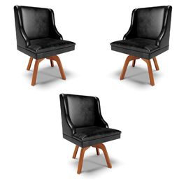 Kit 3 Cadeiras Decorativas Sala de Jantar Base Giratória de Madeira Firenze PU Preto Brilho/Natural G19 - Gran Belo