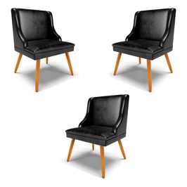 Kit 3 Cadeiras Decorativas Sala de Jantar Pés Palito de Madeira Firenze PU Preto Brilho/Natural G19 - Gran Belo