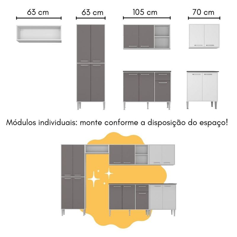 Armário de Cozinha Modulado com Bancada Americana Xangai Multimóveis MP2206 Branco/Lacca Fumê