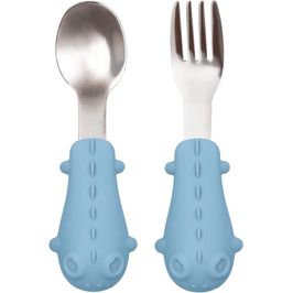 Kit Talheres Dino em Silicone e Aço Inoxidável - Azul - Buba