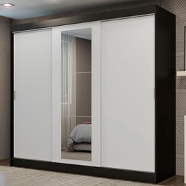 Guarda-Roupa Casal Madesa Kansas 3 Portas de Correr com Espelho 3 Gavetas Preto/Branco