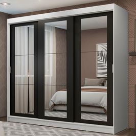 Guarda-Roupa Casal Madesa Kansas 3 Portas de Correr de Espelho 3 Gavetas Branco/Preto