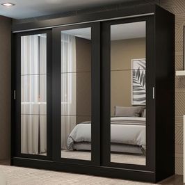 Guarda-Roupa Casal Madesa Kansas 3 Portas de Correr de Espelho 3 Gavetas Preto