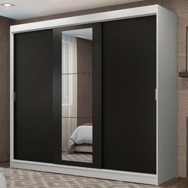 Guarda-Roupa Casal Madesa Kansas 3 Portas de Correr com Espelho 3 Gavetas - Branco/Preto Branco/Preto