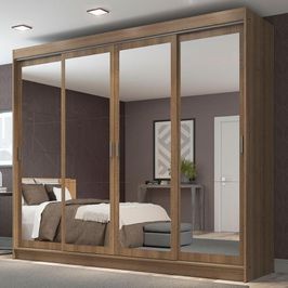 Guarda-Roupa Casal Madesa Austin 4 Portas de Correr de Espelho 3 Gavetas - Rustic Rustic