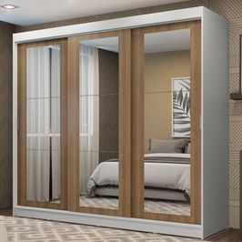 Guarda-Roupa Casal Madesa Kansas 3 Portas de Correr de Espelho 3 Gavetas Branco/Rustic