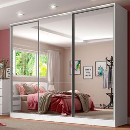 Guarda Roupa Casal 100% MDF com Espelho Madesa Royale 3 Portas de Correr Branco