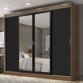 Guarda-Roupa Casal Madesa Austin 4 Portas de Correr com Espelhos 3 Gavetas - Rustic/Preto Rustic/Preto