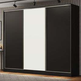Guarda Roupa Casal 100% MDF Madesa Royale 3 Portas de Correr - Preto/Preto/Branco Preto/Branco
