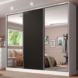 Guarda Roupa Casal 100% MDF Madesa Royale 3 Portas de Correr com Espelhos - Branco/Preto Branco/Preto