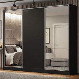 Guarda Roupa Casal 100% MDF Madesa Royale 3 Portas de Correr com Espelhos - Preto Preto