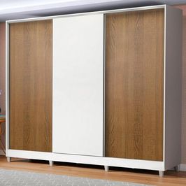 Guarda Roupa Casal 100% MDF Madesa Royale 3 Portas de Correr com Pés - Branco/Rustic/Branco Branco/Rustic