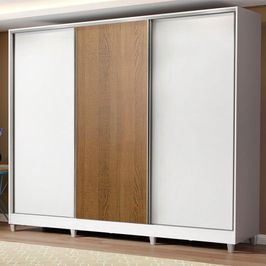 Guarda Roupa Casal 100% MDF Madesa Royale 3 Portas de Correr com Pés - Branco/Branco/Rustic Branco/Rustic