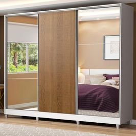 Guarda Roupa Casal 100% MDF Madesa Royale 3 Portas de Correr com Espelho com Pés - Branco/Rustic Branco/Rustic