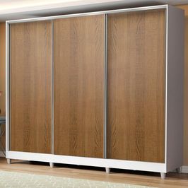 Guarda Roupa Casal 100% MDF Madesa Royale 3 Portas de Correr com Pés- Branco/Rustic Branco/Rustic