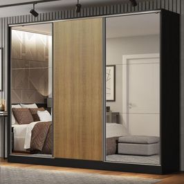 Guarda Roupa Casal 100% MDF Madesa Royale 3 Portas de Correr com Espelhos - Preto/Rustic Preto/Rustic