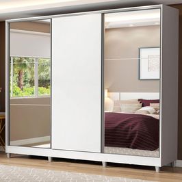 Guarda Roupa Casal 100% MDF Madesa Royale 3 Portas de Correr com Espelho com Pés - Branco Branco