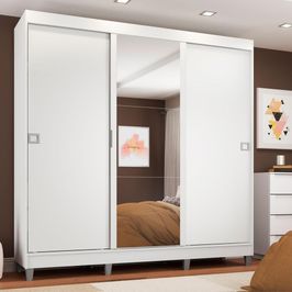 Guarda-Roupa Casal Madesa Napoli 3 Portas de Correr Central com Espelho com Pés - Branco Branco