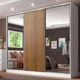 Guarda Roupa Casal 100% MDF Madesa Royale 3 Portas de Correr com Espelhos - Branco/Rustic Branco/Rustic