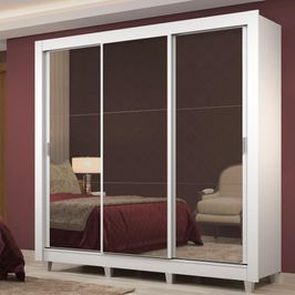 Guarda Roupa Casal Madesa Lyon Plus 3 Portas de Correr de Espelho 4 Gavetas com Pés Branco