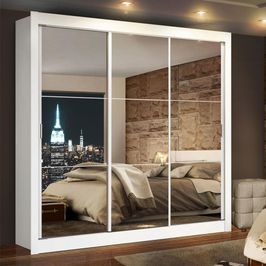 Guarda Roupa Casal Madesa Lyon 3 Portas de Correr de Espelho 2 Gavetas - Branco Branco