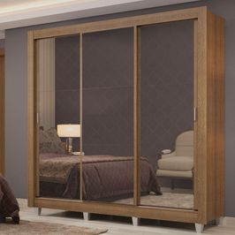 Guarda Roupa Casal Madesa Lyon Plus 3 Portas de Correr de Espelho 4 Gavetas com Pés - Rustic Rustic
