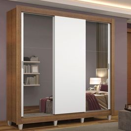 Guarda Roupa Casal Madesa Mônaco 3 Portas de Correr com Espelhos com Pés Rustic/Branco