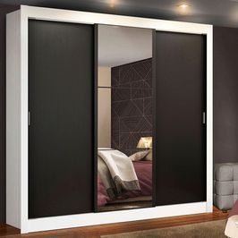 Guarda Roupa Casal Madesa Mônaco 3 Portas de Correr com Espelho - Branco/Preto Branco/Preto