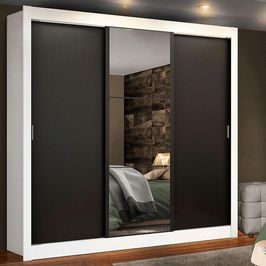 Guarda Roupa Casal Madesa Lyon Plus 3 Portas de Correr com Espelho 4 Gavetas - Branco/Preto Branco/Preto