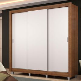 Guarda Roupa Casal Madesa Lyon Plus 3 Portas de Correr 4 Gavetas com Pés - Rustic/Branco Rustic/Branco