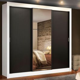 Guarda Roupa Casal Madesa Lyon 3 Portas de Correr com Espelho 2 Gavetas - Branco/Preto Branco/Preto