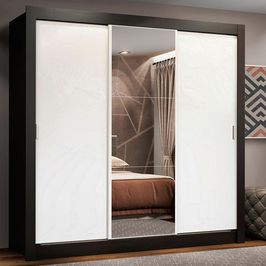 Guarda Roupa Casal Madesa Lyon Plus 3 Portas de Correr com Espelho 4 Gavetas Preto/Branco