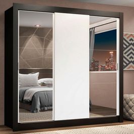 Guarda-Roupa Casal Madesa Lyon Plus 3 Portas de Correr com Espelhos 4 Gavetas Preto/Branco