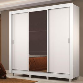 Guarda Roupa Casal Madesa Lyon Plus 3 Portas de Correr com Espelho 4 Gavetas com Pés Branco